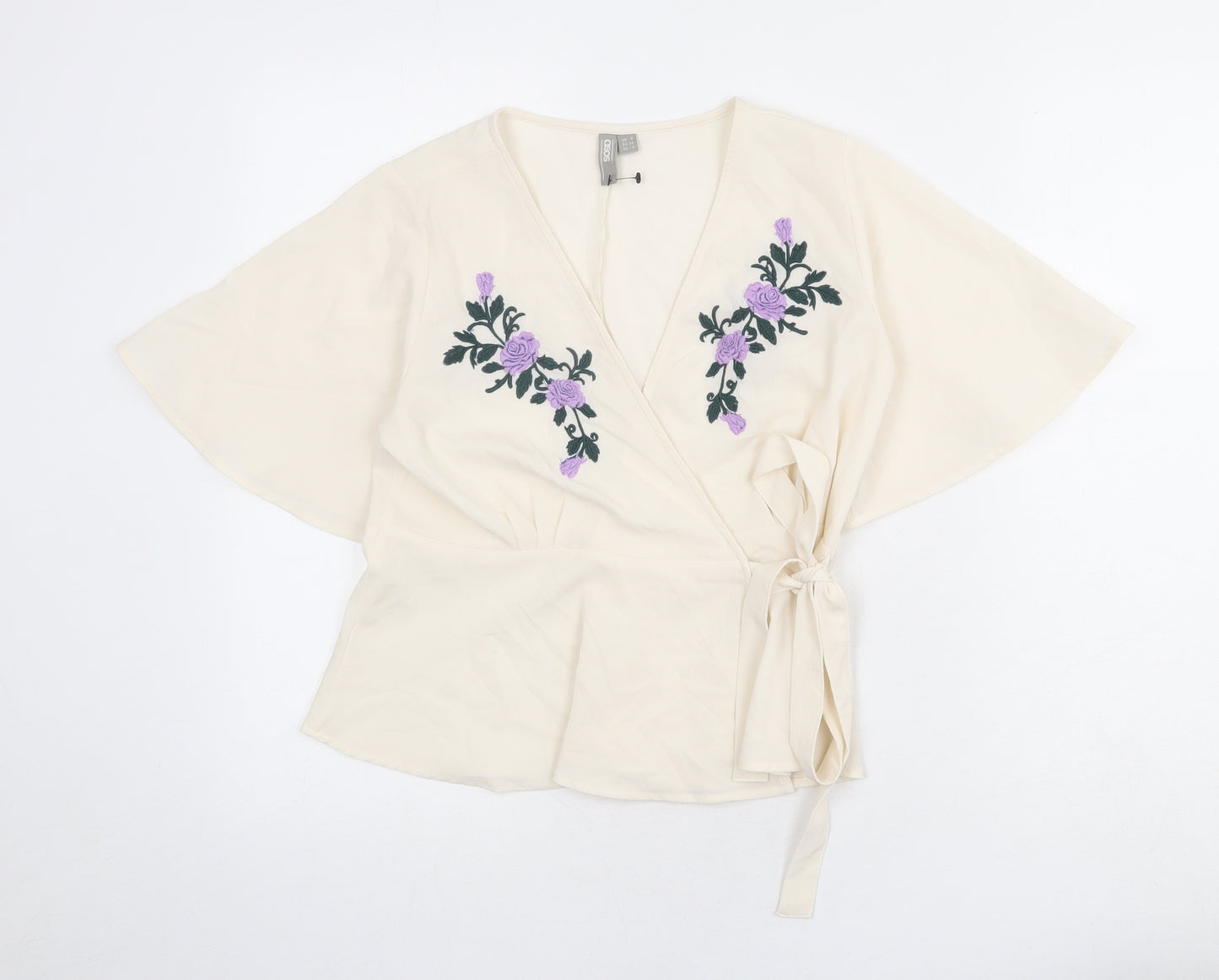 ASOS Womens Beige Polyester Wrap Blouse Size 8 V-Neck - Floral Detail Peplum