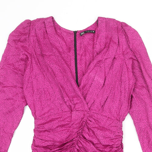 Zara Womens Purple Polka Dot Viscose Mini Size S V-Neck Zip
