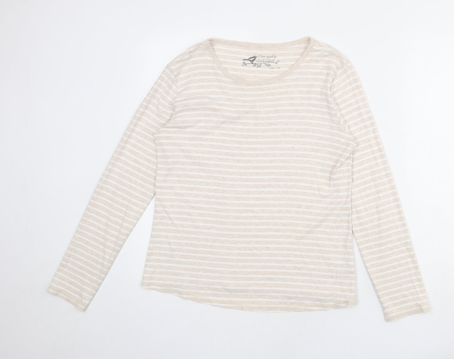 BHS Womens Beige Striped Cotton Basic T-Shirt Size 14 Round Neck