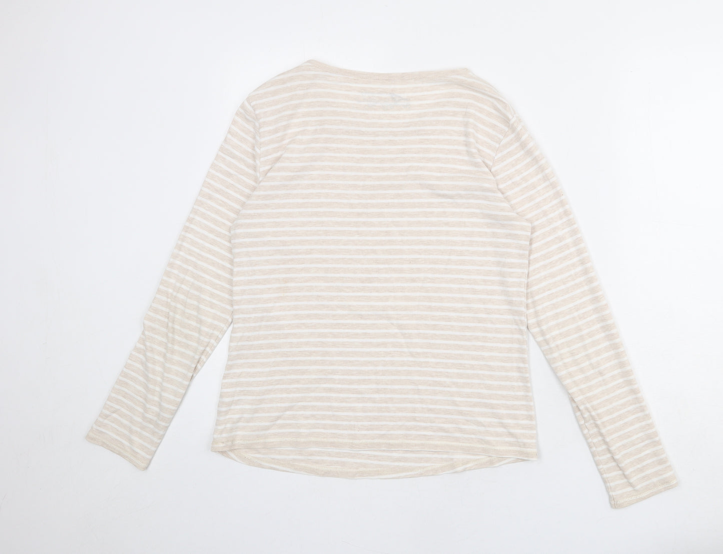 BHS Womens Beige Striped Cotton Basic T-Shirt Size 14 Round Neck