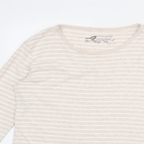 BHS Womens Beige Striped Cotton Basic T-Shirt Size 14 Round Neck