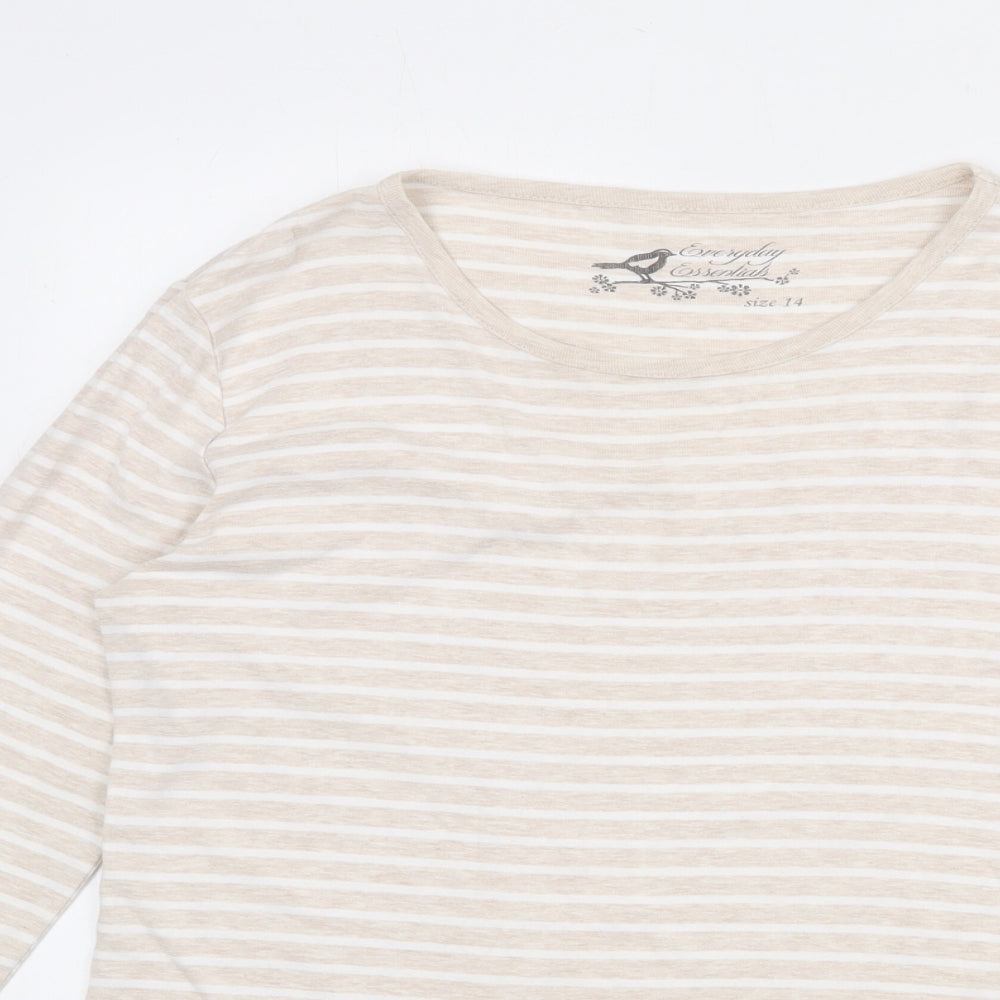 BHS Womens Beige Striped Cotton Basic T-Shirt Size 14 Round Neck