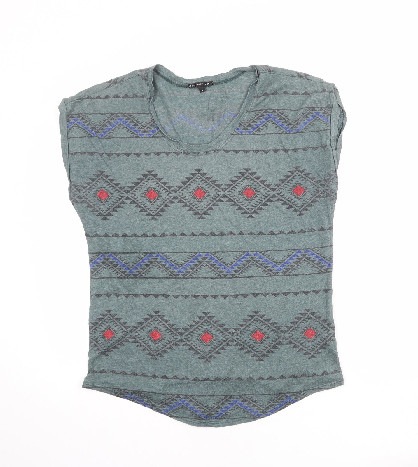 Truly Madly Deeply Womens Green Geometric Polyester Basic T-Shirt Size S Round Neck
