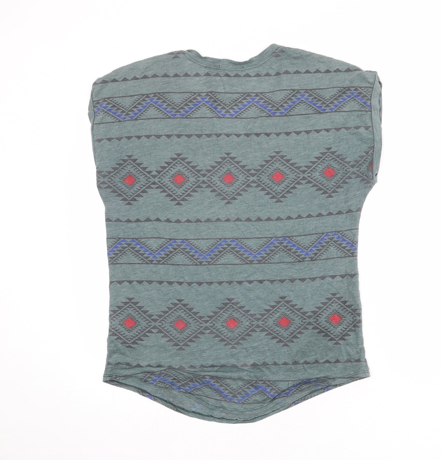 Truly Madly Deeply Womens Green Geometric Polyester Basic T-Shirt Size S Round Neck