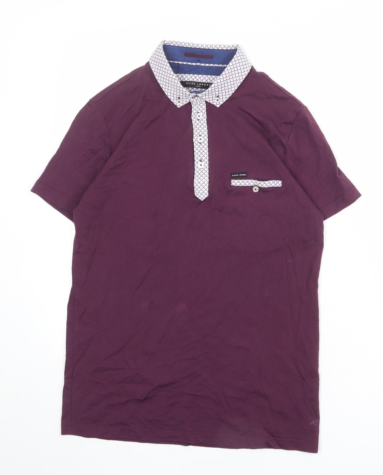 Guide London Mens Purple 100% Cotton Polo Size S Collared Button