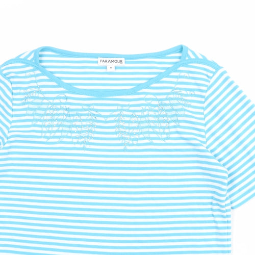 Paramour Womens Blue Striped Polyester Basic T-Shirt Size M Boat Neck