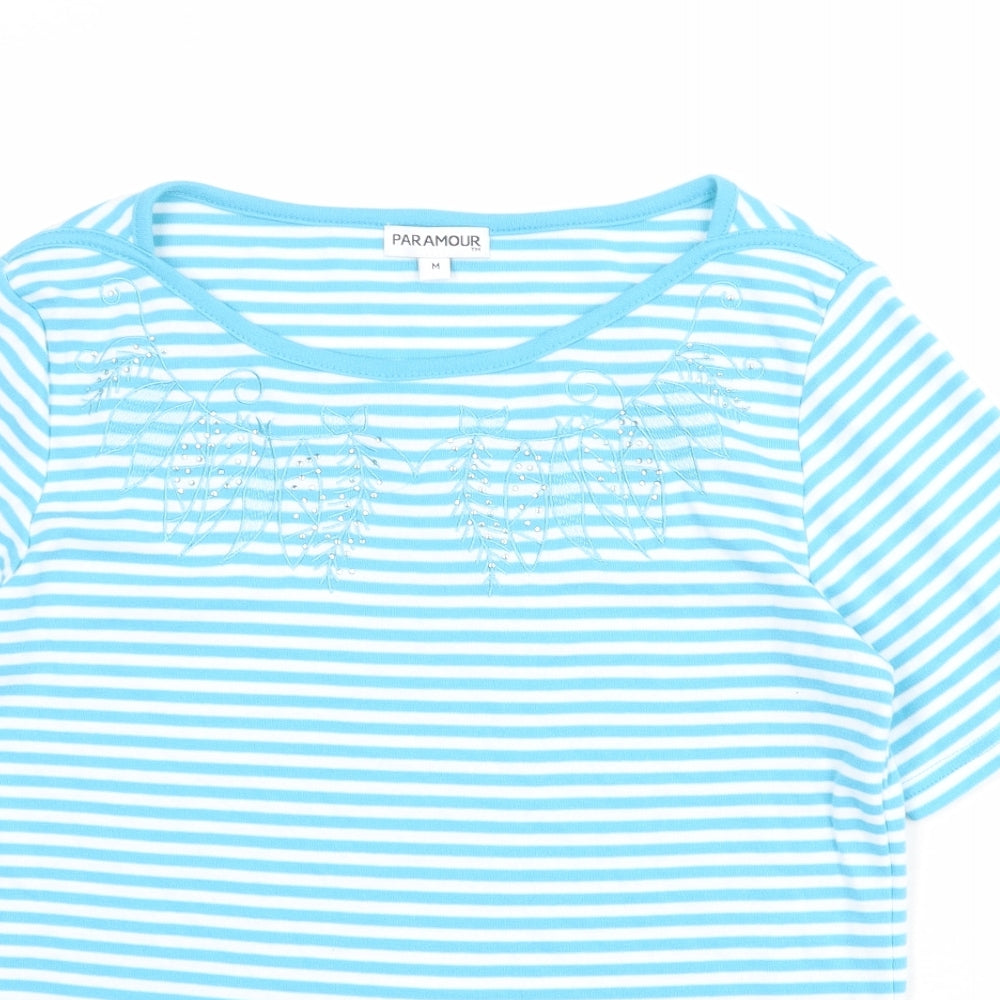 Paramour Womens Blue Striped Polyester Basic T-Shirt Size M Boat Neck