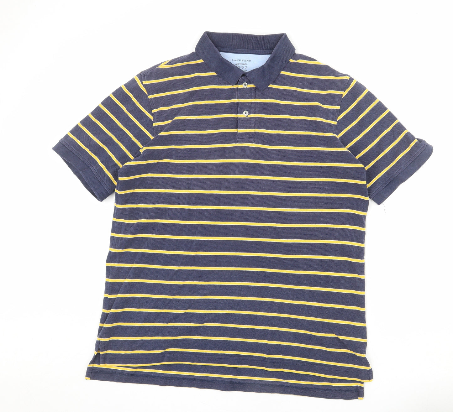 Lands' End Mens Blue Striped 100% Cotton Polo Size L Collared Button