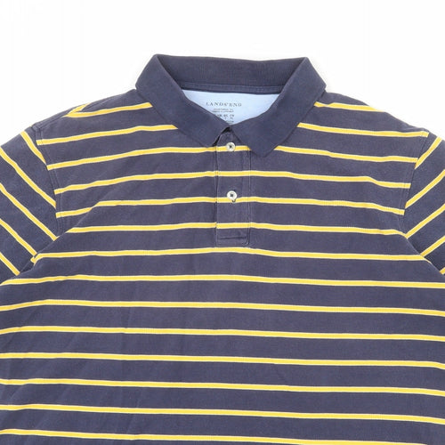 Lands' End Mens Blue Striped 100% Cotton Polo Size L Collared Button