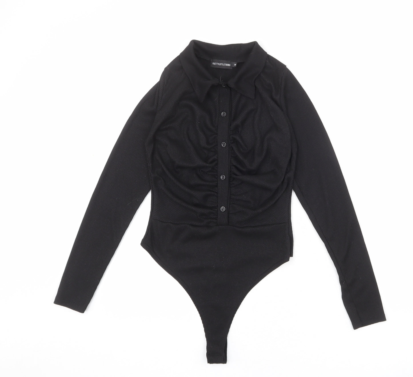 PRETTYLITTLETHING Womens Black Polyester Bodysuit One-Piece Size M Snap