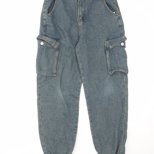 Boohoo Womens Blue Cotton Wide-Leg Jeans Size 8 L27 in Regular Zip - Cargo