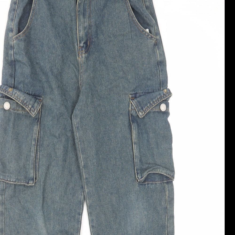 Boohoo Womens Blue Cotton Wide-Leg Jeans Size 8 L27 in Regular Zip - Cargo