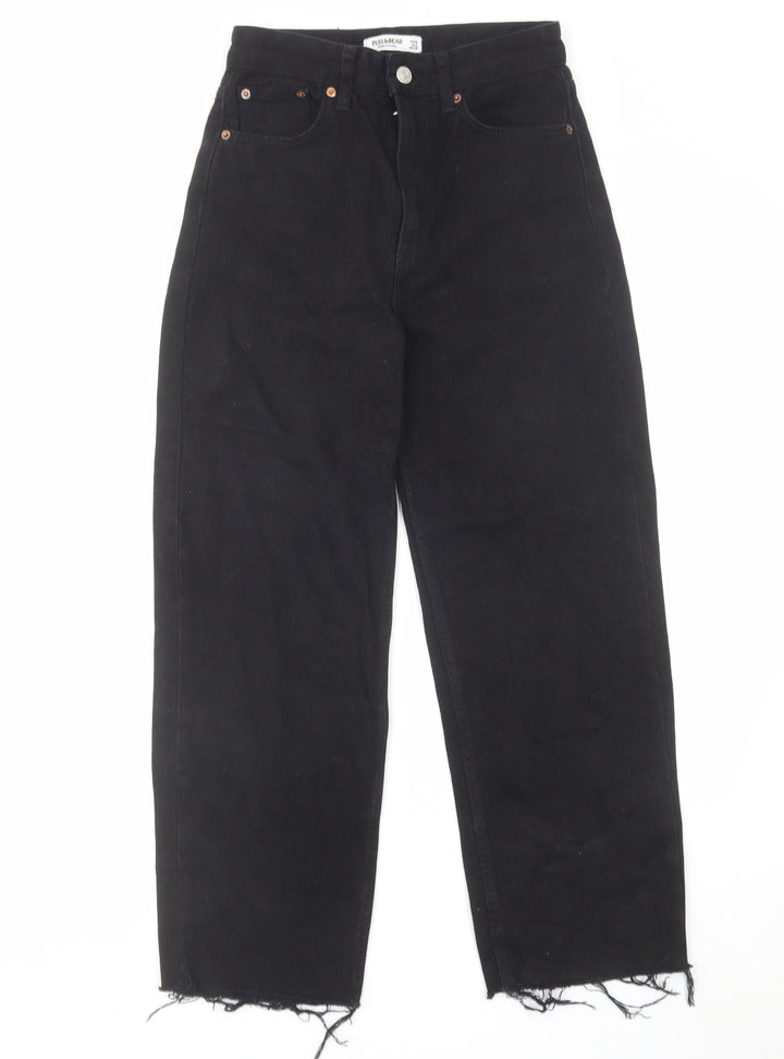 Pull&Bear Womens Black Cotton Wide-Leg Jeans Size 4 L25 in Regular Zip - Frayed Hem