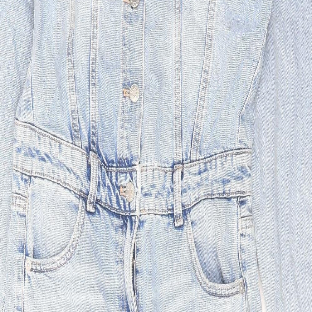 Zara Womens Blue Cotton Coverall One-Piece Size S L32 in Button