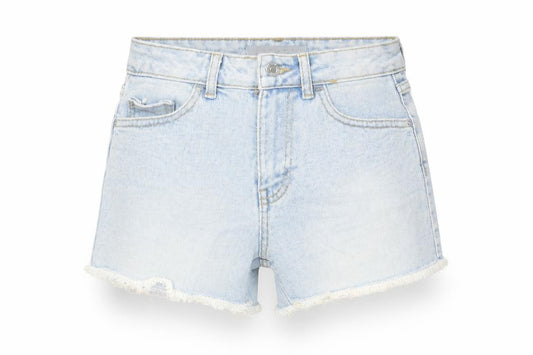 Front view of Denim & Co. women’s blue cotton boyfriend shorts, size UK 6, 4-inch leg regular zip - raw hem