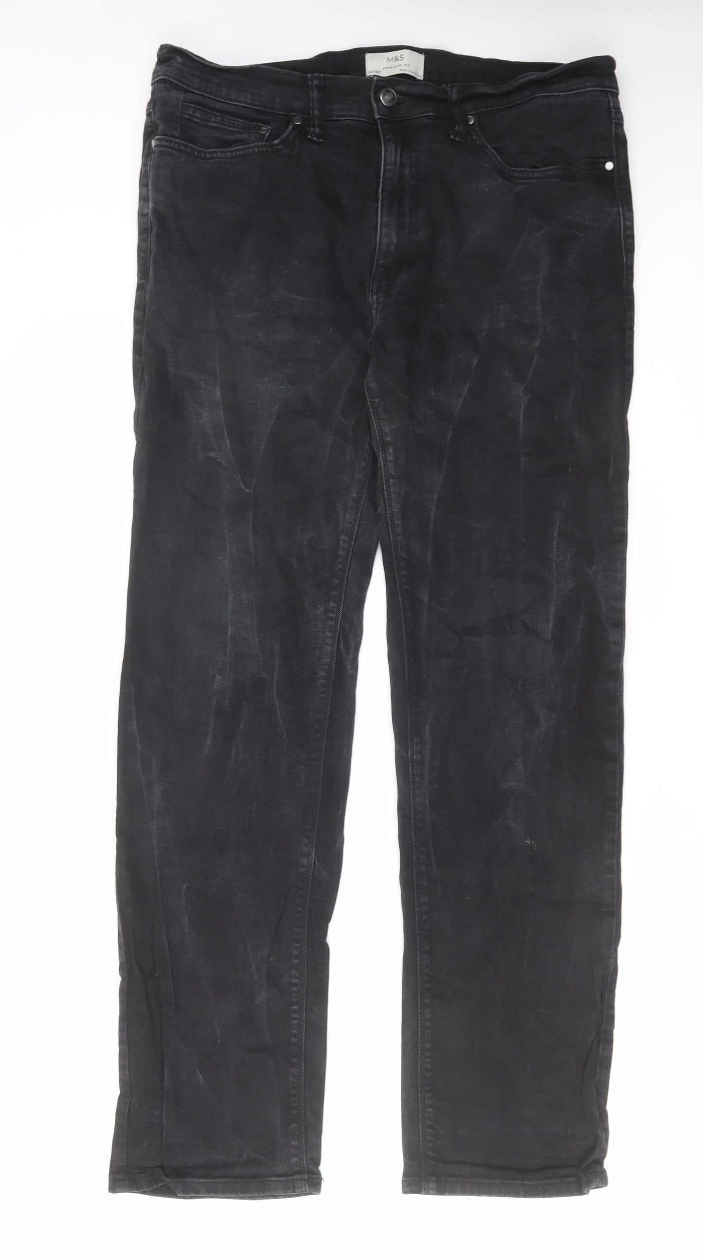 Marks and Spencer Mens Black Cotton Straight Jeans Size 34 in L33 in Regular Zip