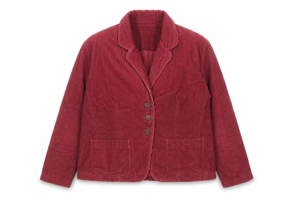 Front view of Bishopton Trading women’s red jacket, size L, button