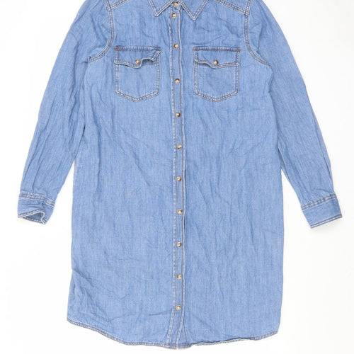 Marks and Spencer Womens Blue Cotton Shirt Dress Size 10 Collared Button