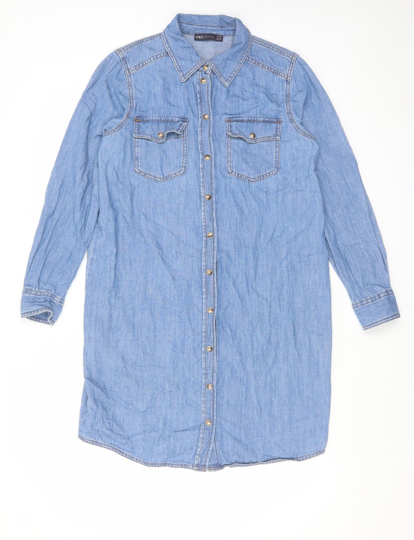 Marks and Spencer Womens Blue Cotton Shirt Dress Size 10 Collared Button