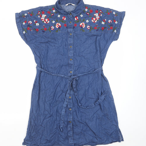 TU Womens Blue Cotton Shirt Dress Size 14 Collared Button - Flower detail