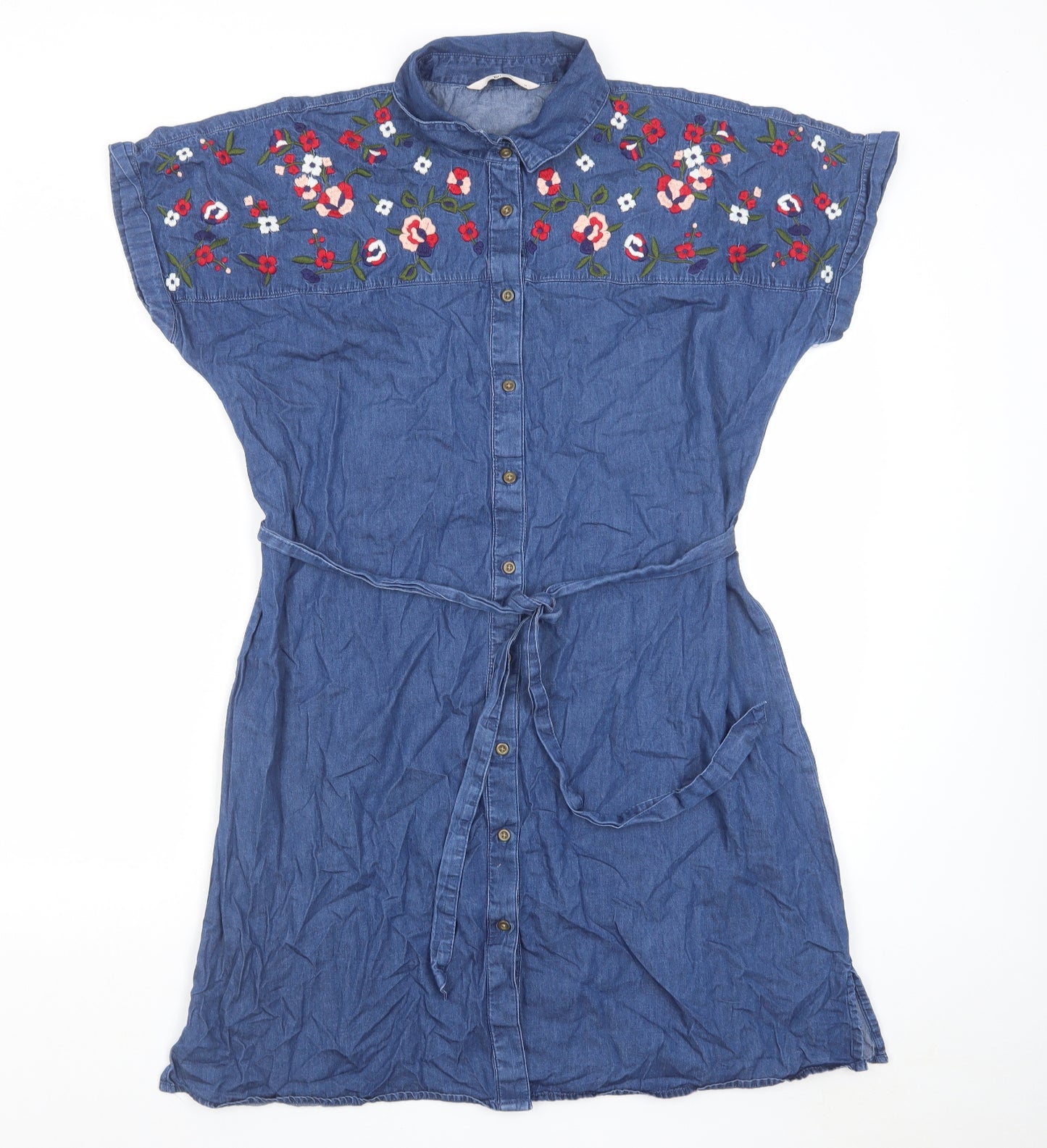 TU Womens Blue Cotton Shirt Dress Size 14 Collared Button - Flower detail