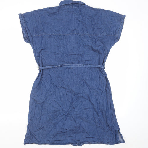 TU Womens Blue Cotton Shirt Dress Size 14 Collared Button - Flower detail