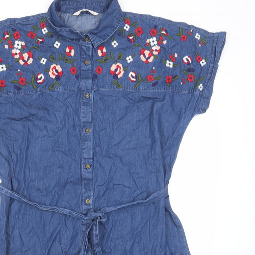 TU Womens Blue Cotton Shirt Dress Size 14 Collared Button - Flower detail