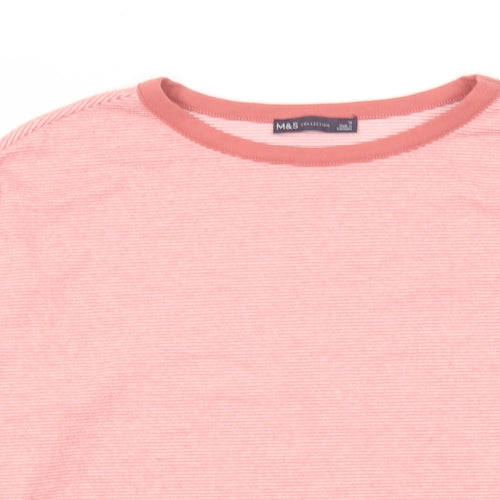 Marks and Spencer Womens Pink Striped Polyester Basic T-Shirt Size 10 Round Neck