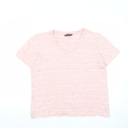 Marks and Spencer Womens Pink Striped Cotton Basic T-Shirt Size 14 V-Neck
