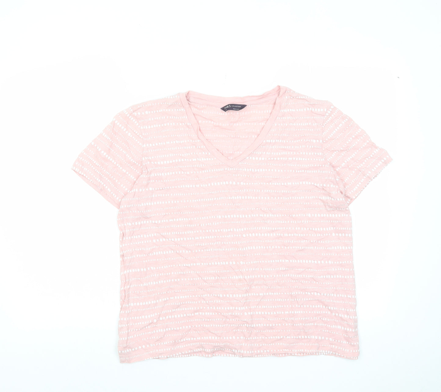 Marks and Spencer Womens Pink Striped Cotton Basic T-Shirt Size 14 V-Neck