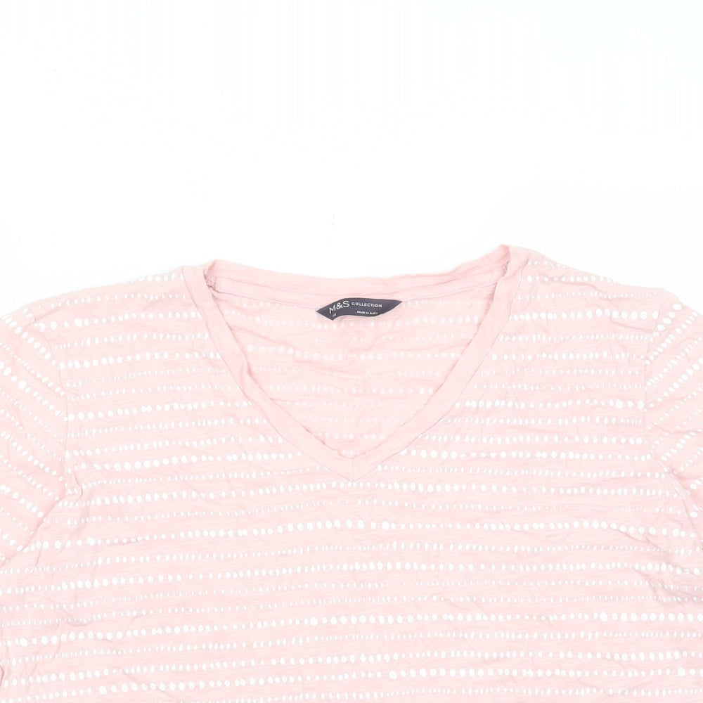 Marks and Spencer Womens Pink Striped Cotton Basic T-Shirt Size 14 V-Neck