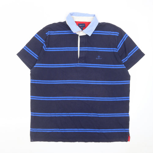 GANT Mens Blue Striped Cotton Polo Size XL Collared Button