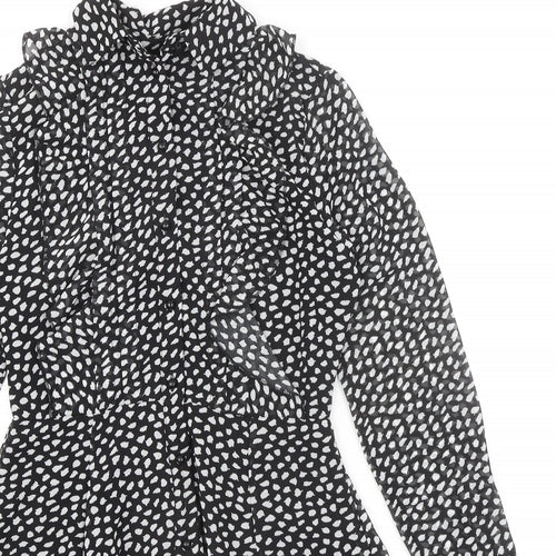New Look Womens Black Animal Print Polyester Fit & Flare Size 6 Collared Button