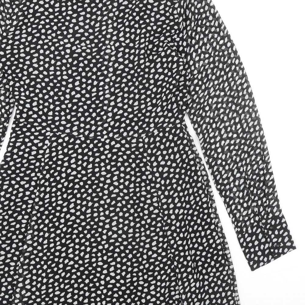 New Look Womens Black Animal Print Polyester Fit & Flare Size 6 Collared Button