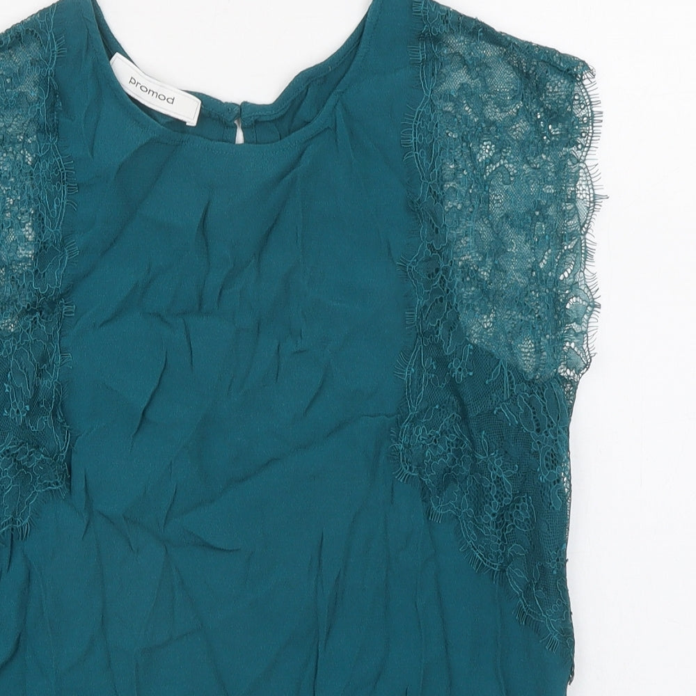 Promod Womens Green Viscose Basic Blouse Size 10 Round Neck - Lace Trim
