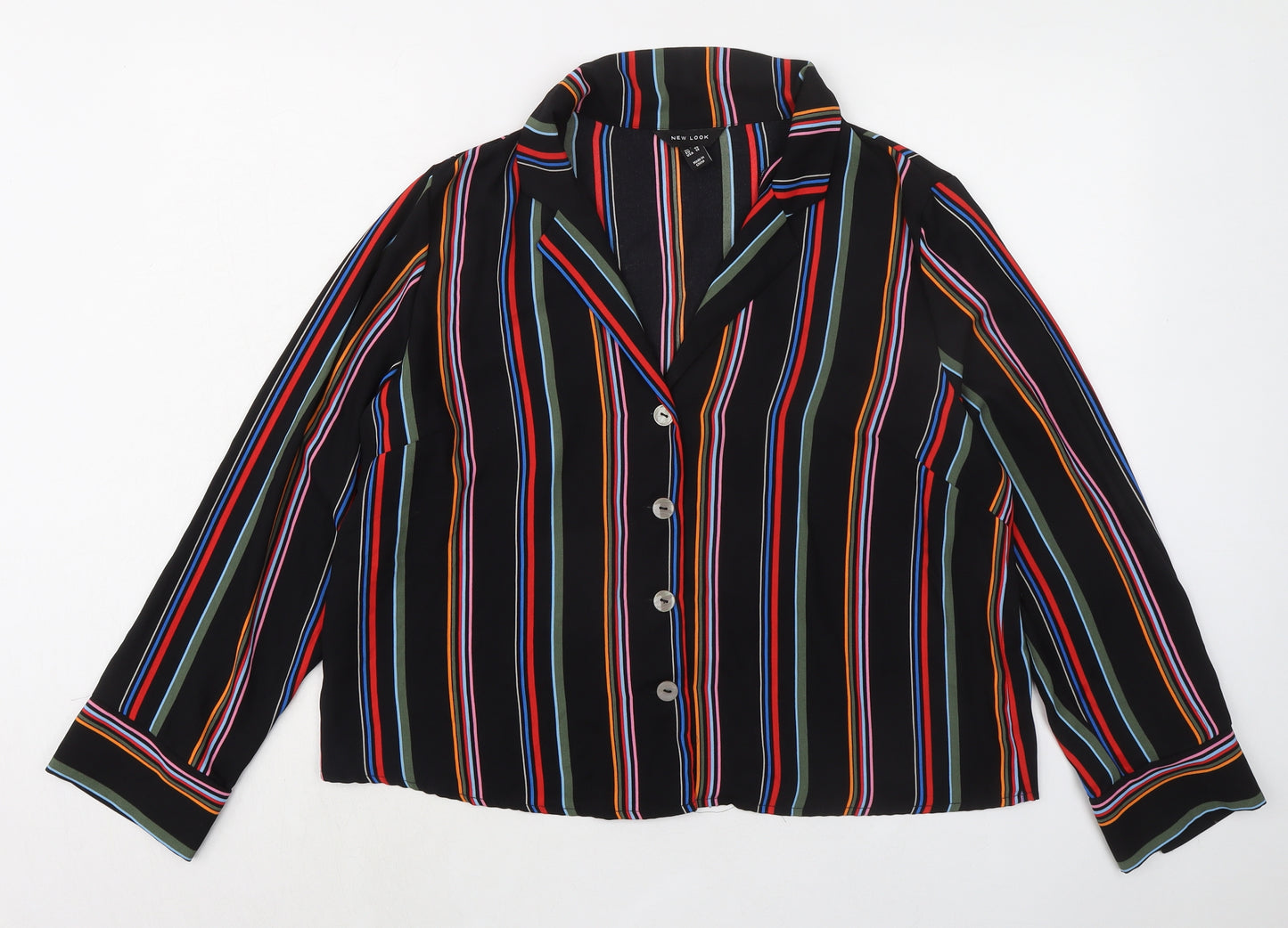 New Look Womens Black Striped Polyester Basic Button-Up Size 18 Boat Neck