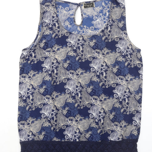 Originals Womens Blue Geometric Polyester Basic Tank Size 16 Round Neck