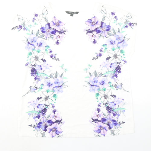 Bonmarché Womens White Floral Polyester Basic T-Shirt Size 14 Boat Neck