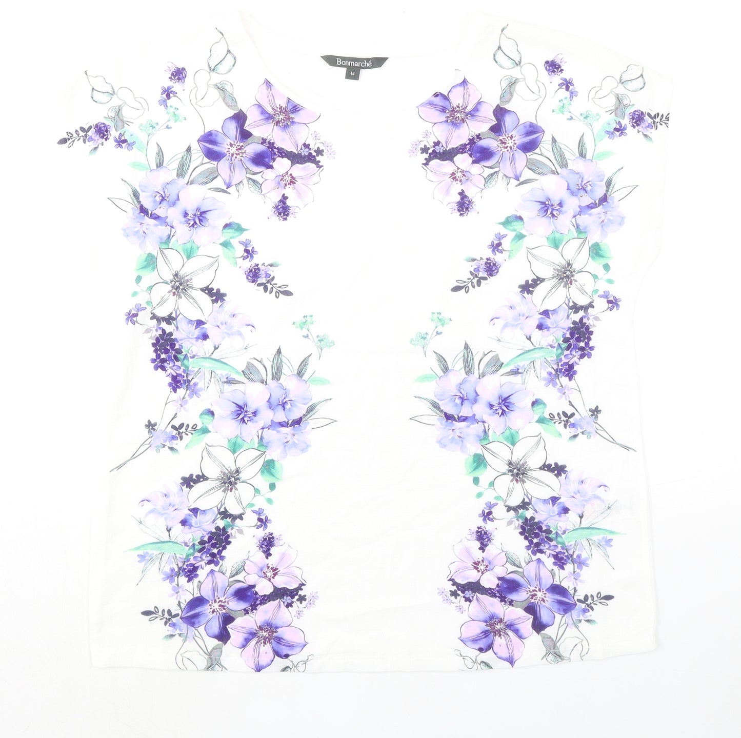 Bonmarché Womens White Floral Polyester Basic T-Shirt Size 14 Boat Neck