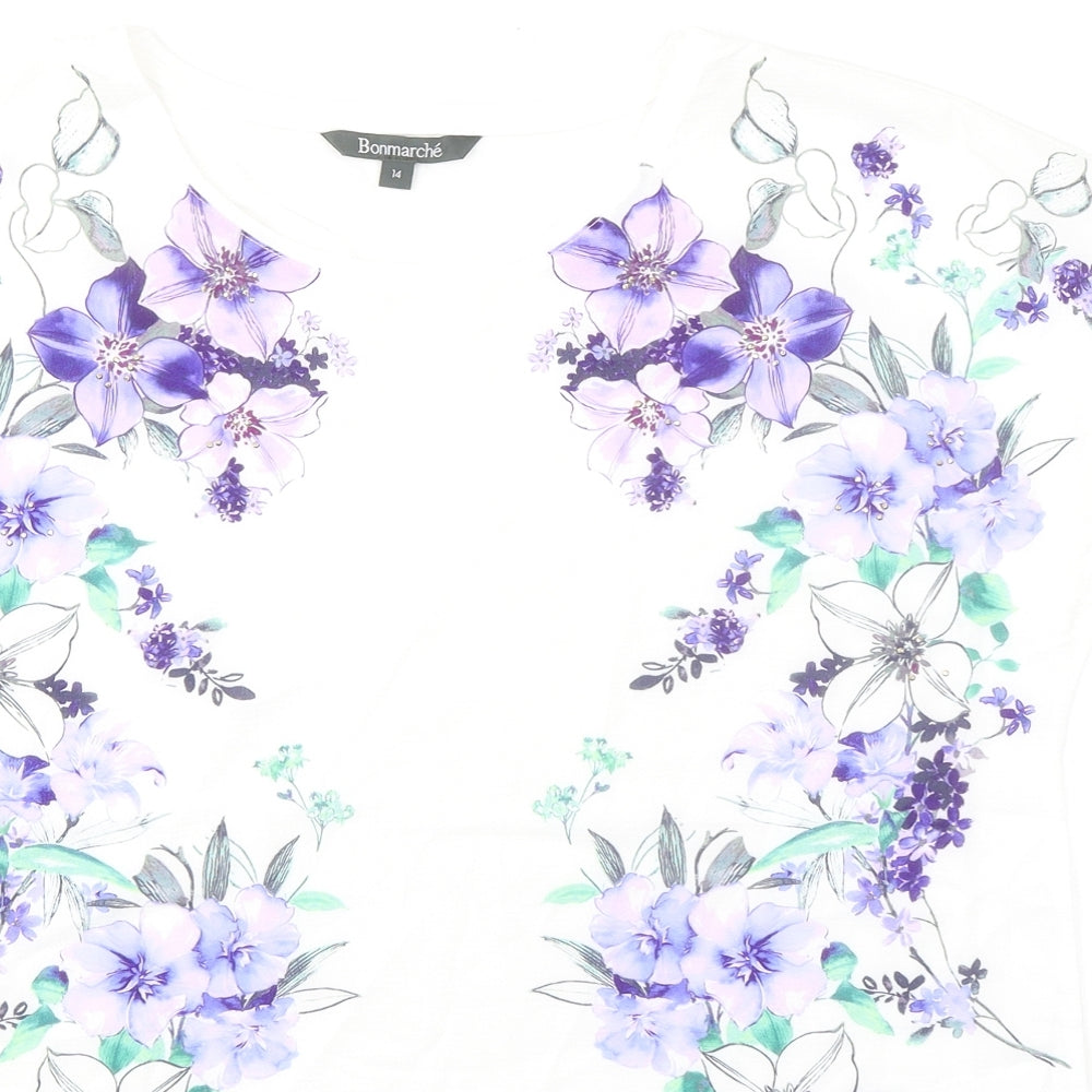 Bonmarché Womens White Floral Polyester Basic T-Shirt Size 14 Boat Neck