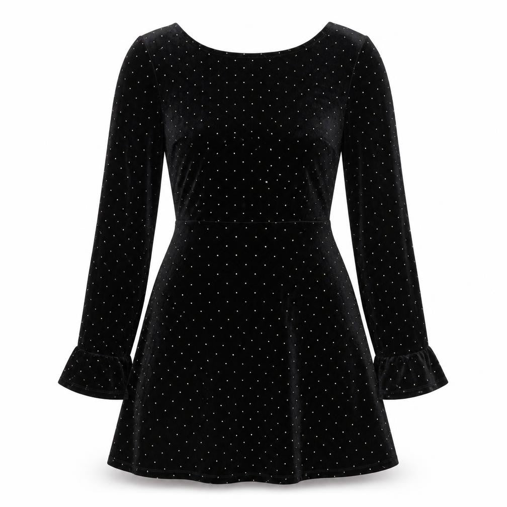 Front view of ASOS women’s black polka dot polyester a-line, size UK 8, round neck pullover