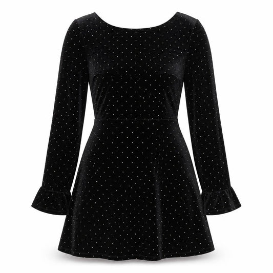 Front view of ASOS women’s black polka dot polyester a-line, size UK 8, round neck pullover