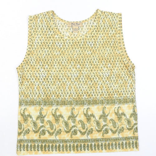 Pleat Pleat Womens Yellow Paisley Polyester Basic Tank Size L Round Neck
