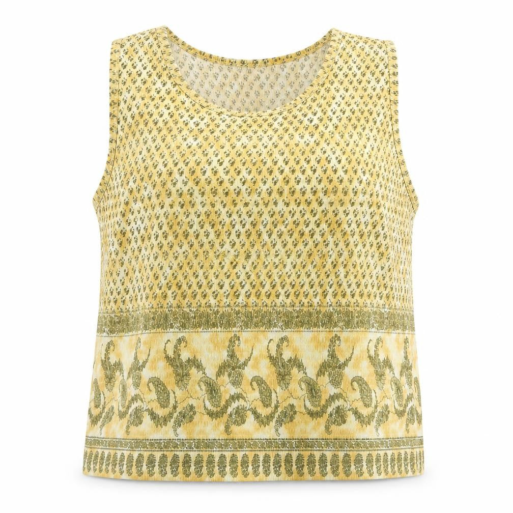Front view of Pleat Pleat women’s yellow paisley polyester basic tank, size L, round neck