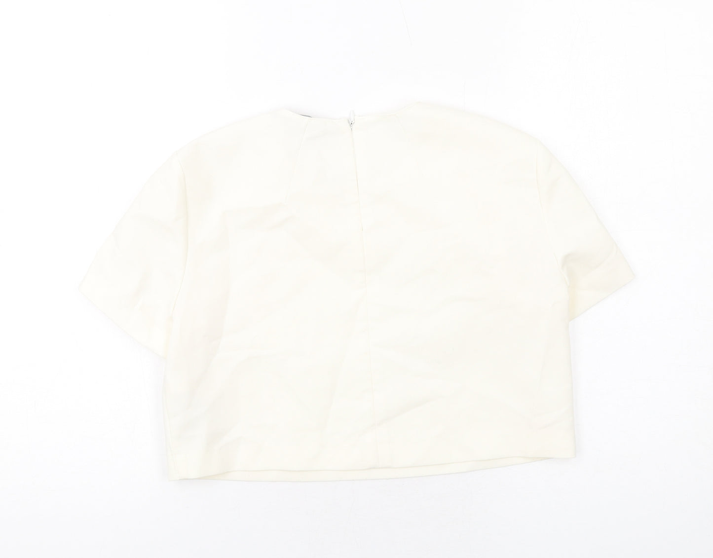 Zara Womens Ivory Polyester Cropped T-Shirt Size M Round Neck