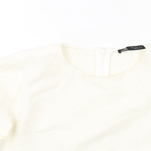 Zara Womens Ivory Polyester Cropped T-Shirt Size M Round Neck