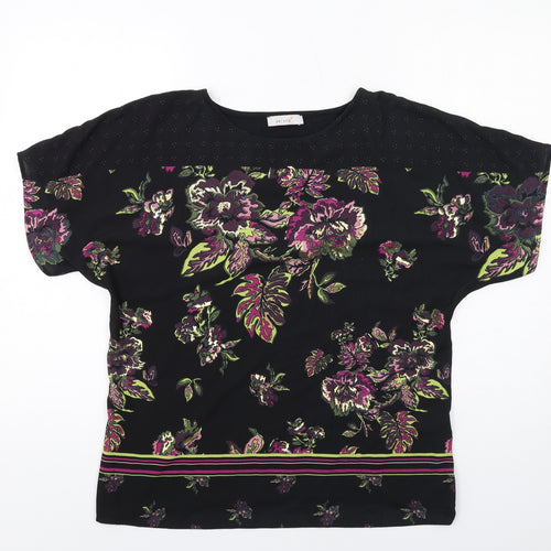 Per Una Womens Black Floral Polyester Basic T-Shirt Size 14 Round Neck