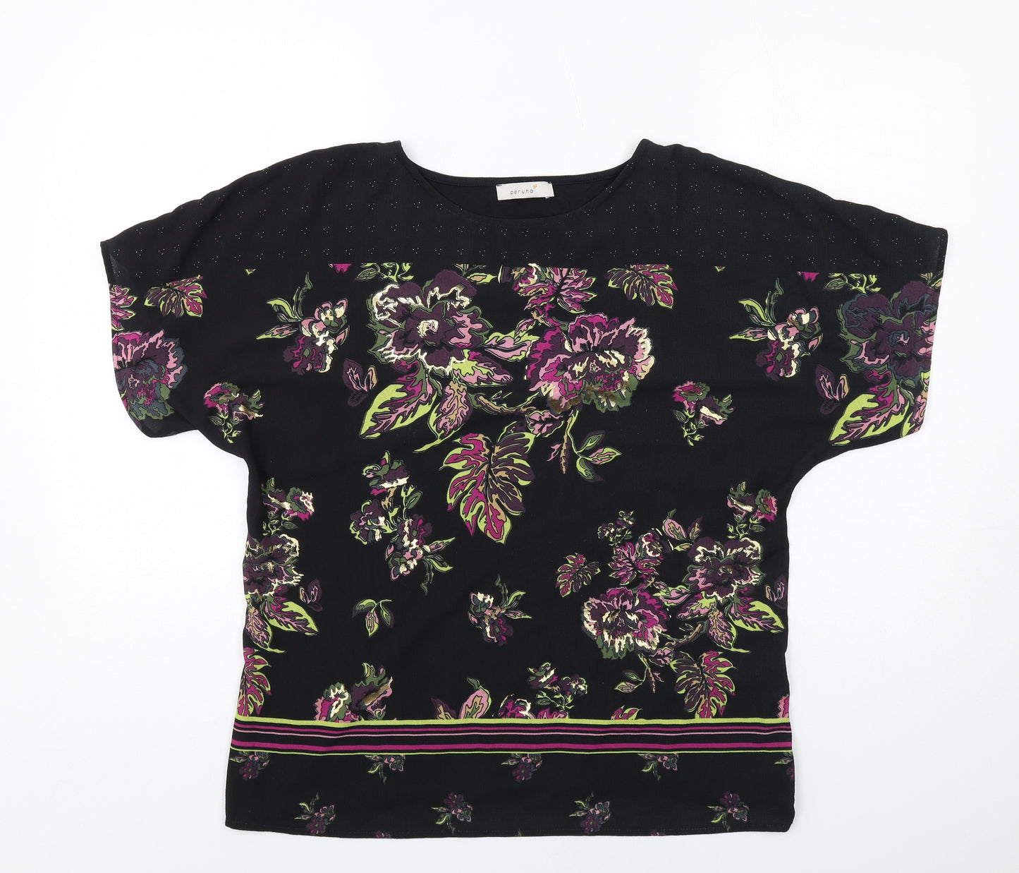 Per Una Womens Black Floral Polyester Basic T-Shirt Size 14 Round Neck