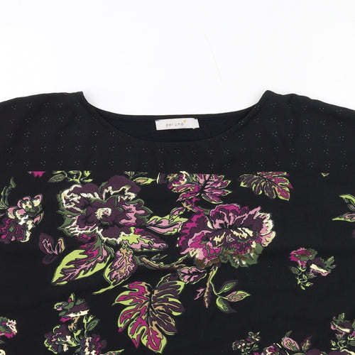 Per Una Womens Black Floral Polyester Basic T-Shirt Size 14 Round Neck