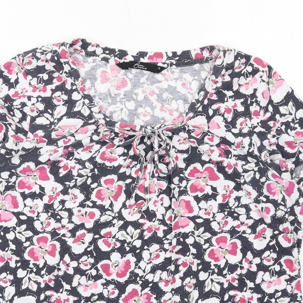 Bonmarché Womens Black Floral Polyester Basic T-Shirt Size 12 Round Neck